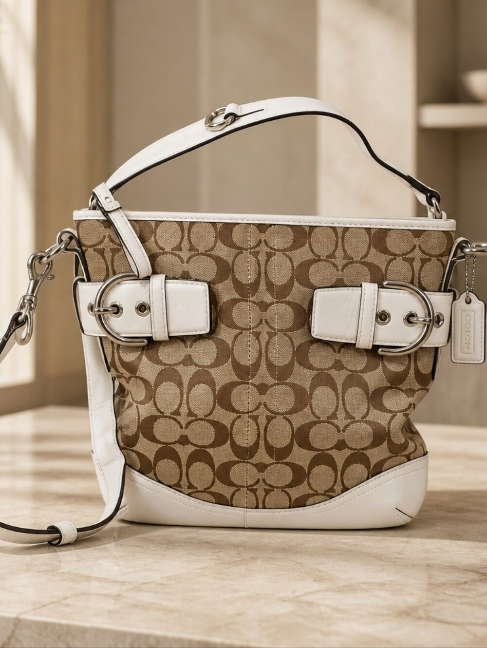 Coach Khaki Signature Canvas Shoulder Bag with White Leather Trim